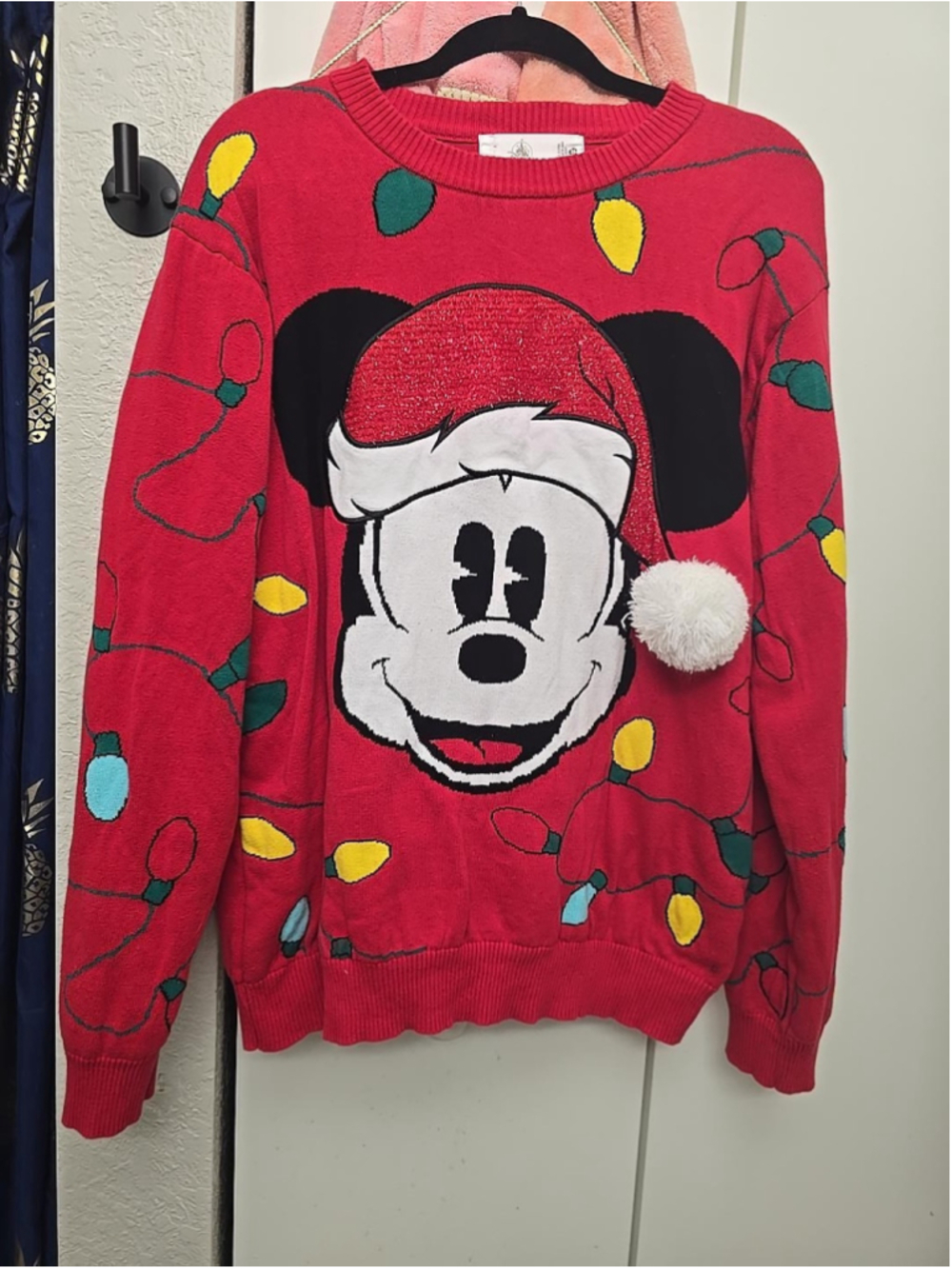 Disney Store Mickey Mouse Christmas Sweater Size L Red Holiday Bulbs Knit